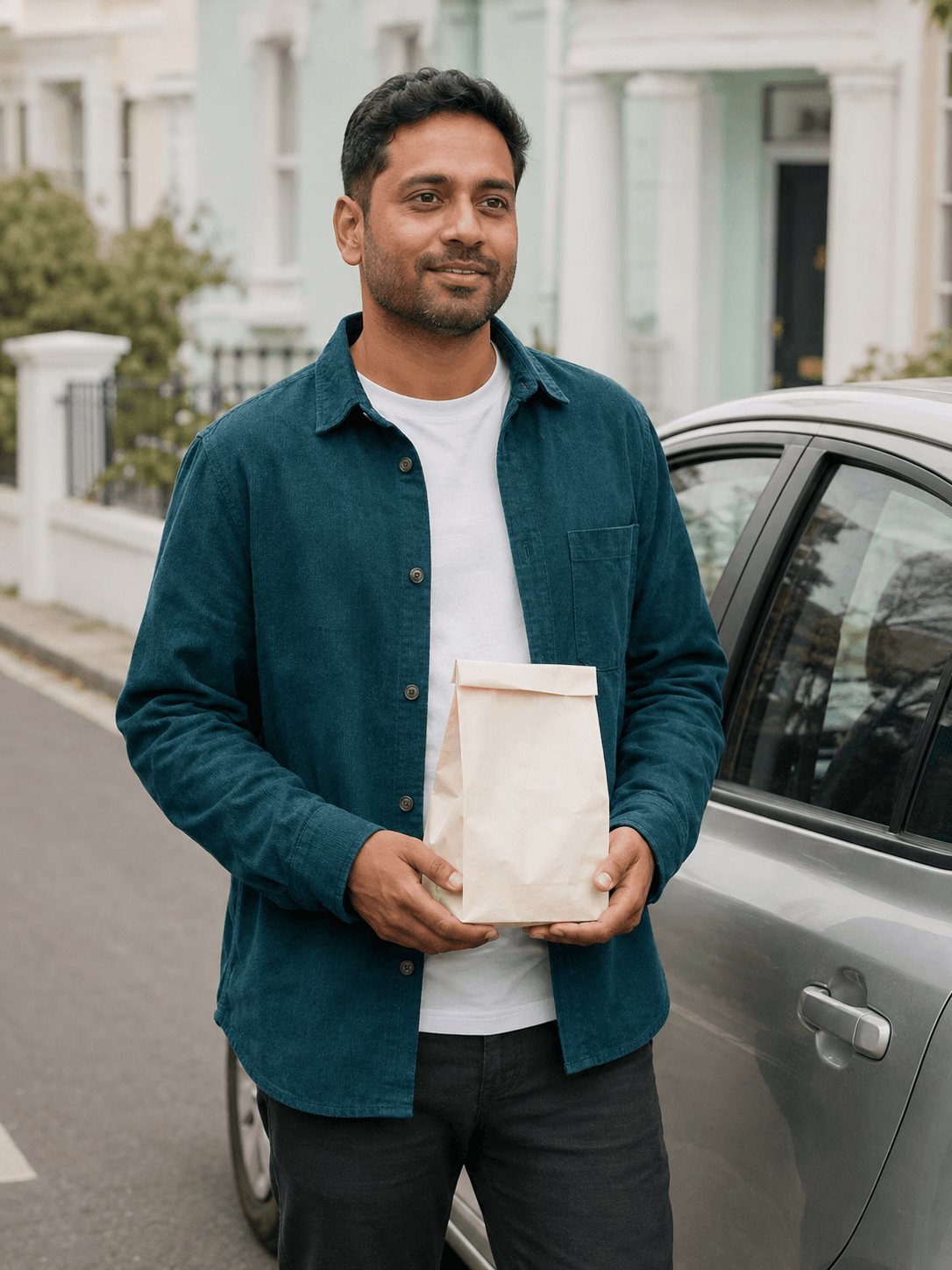 A RunRx delivery driver holding a sealed pharmacy package beside a car.