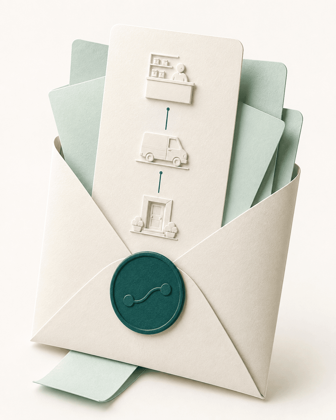 A folded delivery folio with pharmacy, package, and home details held together by a teal handoff seal.