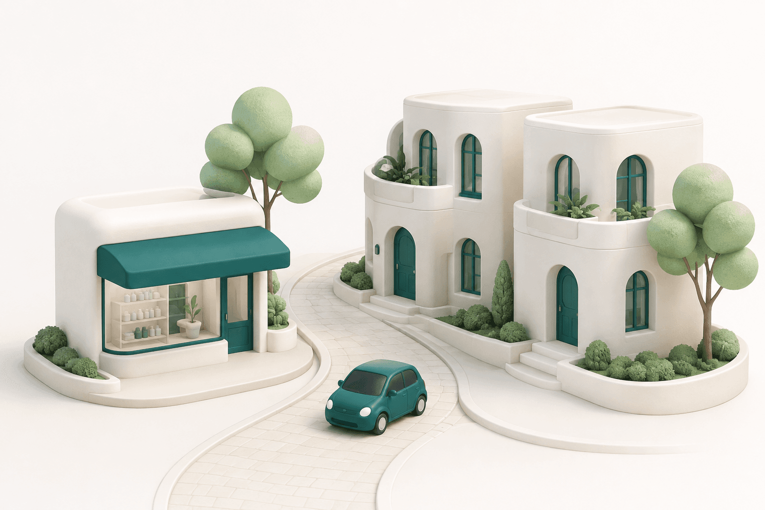 A neighborhood pharmacy, a small teal delivery car, and homes connected by a delivery route.