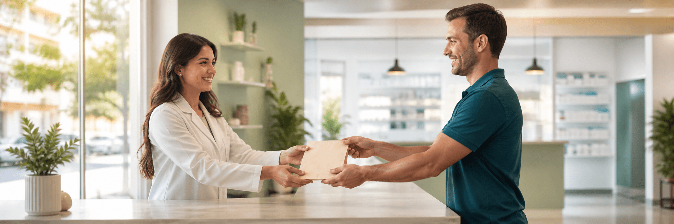 A pharmacist handing a sealed package to a delivery driver at the pharmacy counter.