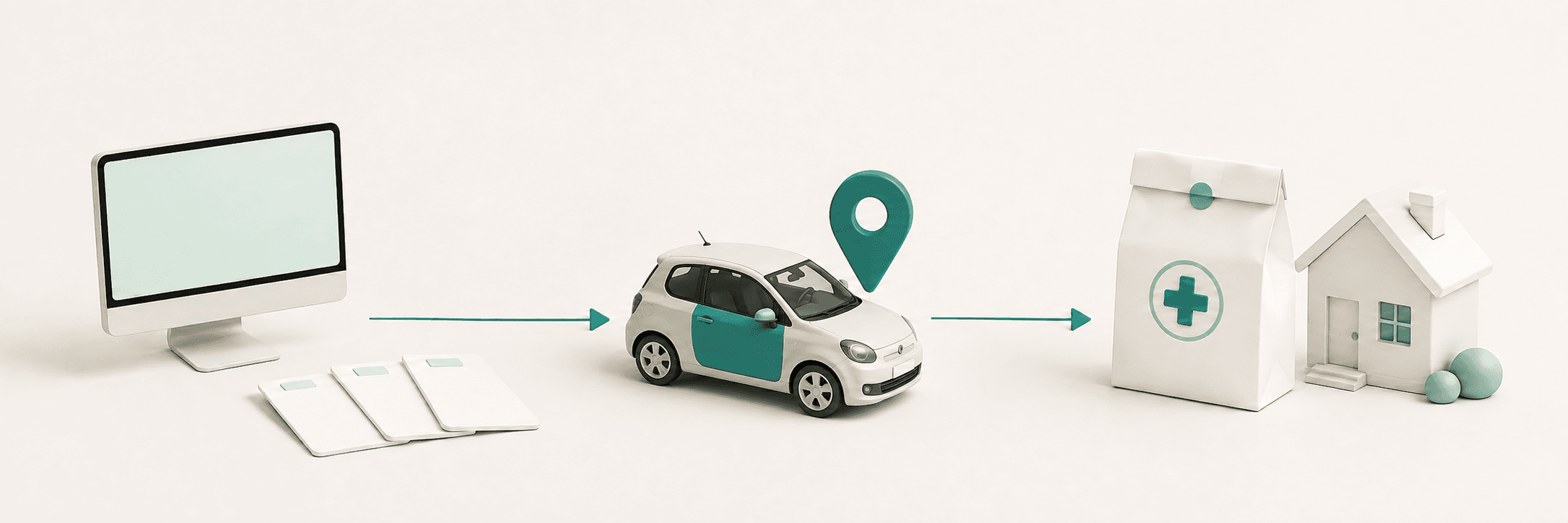 An illustrated journey from a pharmacy system through a RunRx delivery vehicle to a medicine package and home.